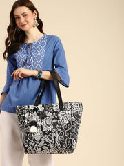 PRIMROSE Floral Print Tote Bag with Tassels, Black and White Pattern, Double Handles