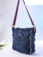 RIMROCK Distressed Denim Crossbody Bag with Striped Strap, Frayed Edge Design, Blue