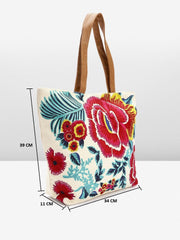 PRIMROSE Floral Embroidered Canvas Tote Bag with PU Handles, Beige