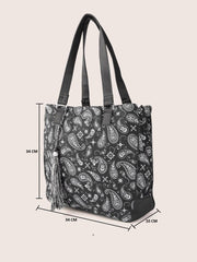 PRIMROSE Printed Black Tote Bag with Tassel