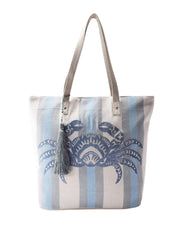 PRIMROSE Embroidered Crab Beach Tote Bag, Blue and White Striped Canvas, Tassel Detail