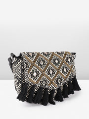PRIMROSE Geometric Jacquard Cotton Sling Bag, Beige with Black Tassels, 15 x 22 x 5 cm, Boho Style
