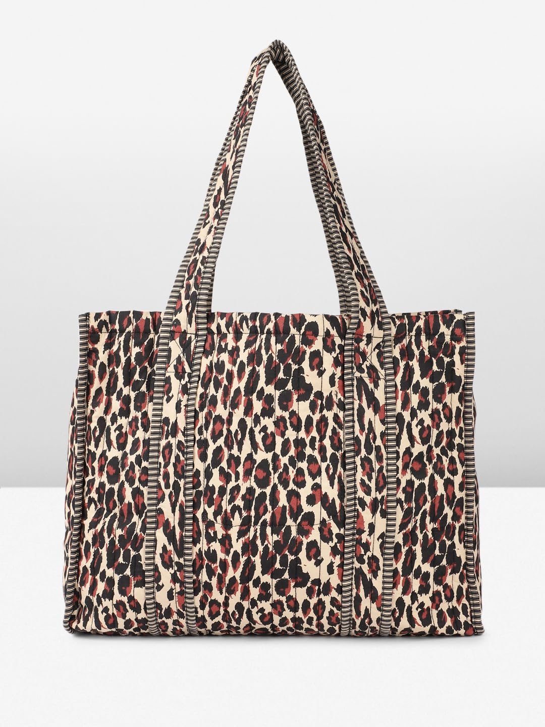 PRIMROSE Large Canvas Tote Bag, Leopard Print Pattern with Striped Trim, Shopping Shoulder Bag