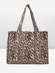 PRIMROSE Large Canvas Tote Bag, Leopard Print Pattern with Striped Trim, Shopping Shoulder Bag