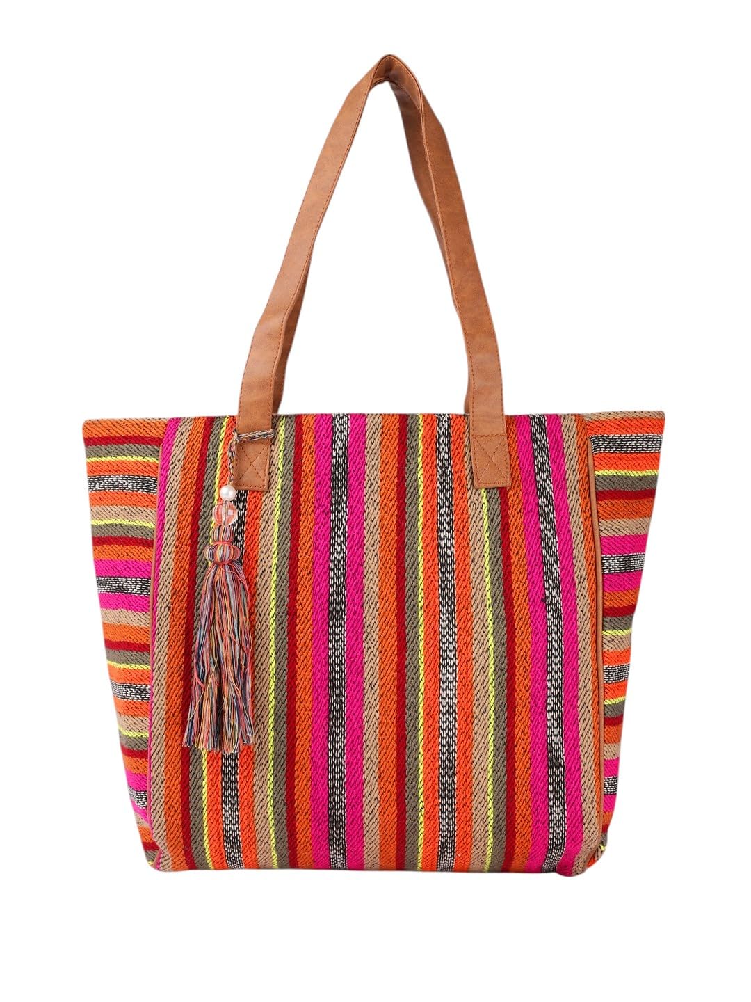 PRIMROSE Striped Woven Tote Bag with Tassel, Multicolour, Brown Handles
