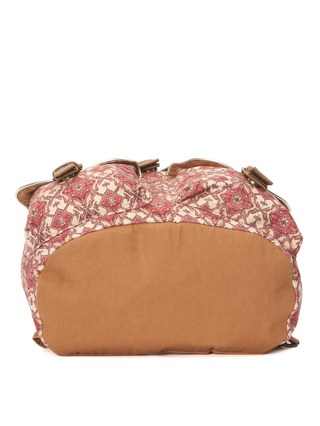 Vintage Canvas Backpack, Floral Pattern with Brown Pu Trim, Double Front Pockets, Pink and Beige