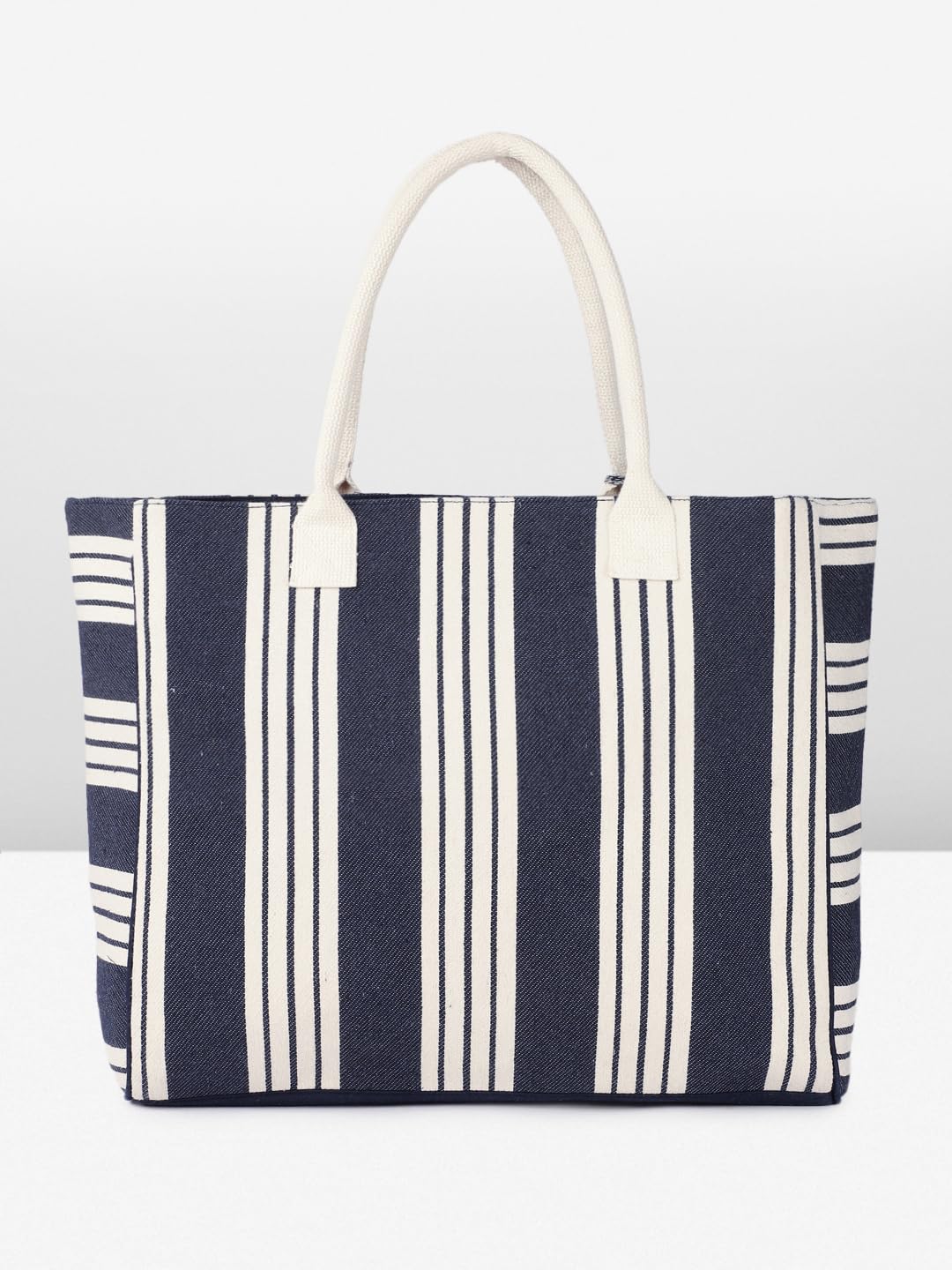 PRIMROSE Large Canvas Tote Bag, Navy Blue and White Striped Pattern, Decorative Tassel, Beach Shopping Handbag