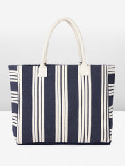 PRIMROSE Large Canvas Tote Bag, Navy Blue and White Striped Pattern, Decorative Tassel, Beach Shopping Handbag