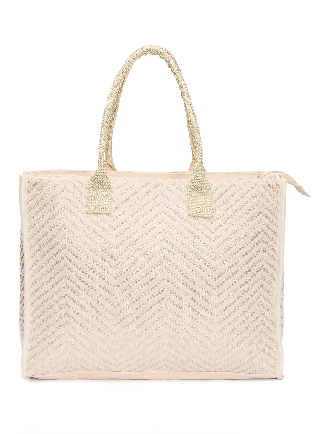 RIMROCK Canvas Tote Bag with Chevron Pattern, Beige and Silver, Double Handle, Large Size