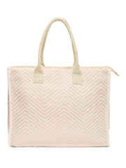 RIMROCK Canvas Tote Bag with Chevron Pattern, Beige and Silver, Double Handle, Large Size