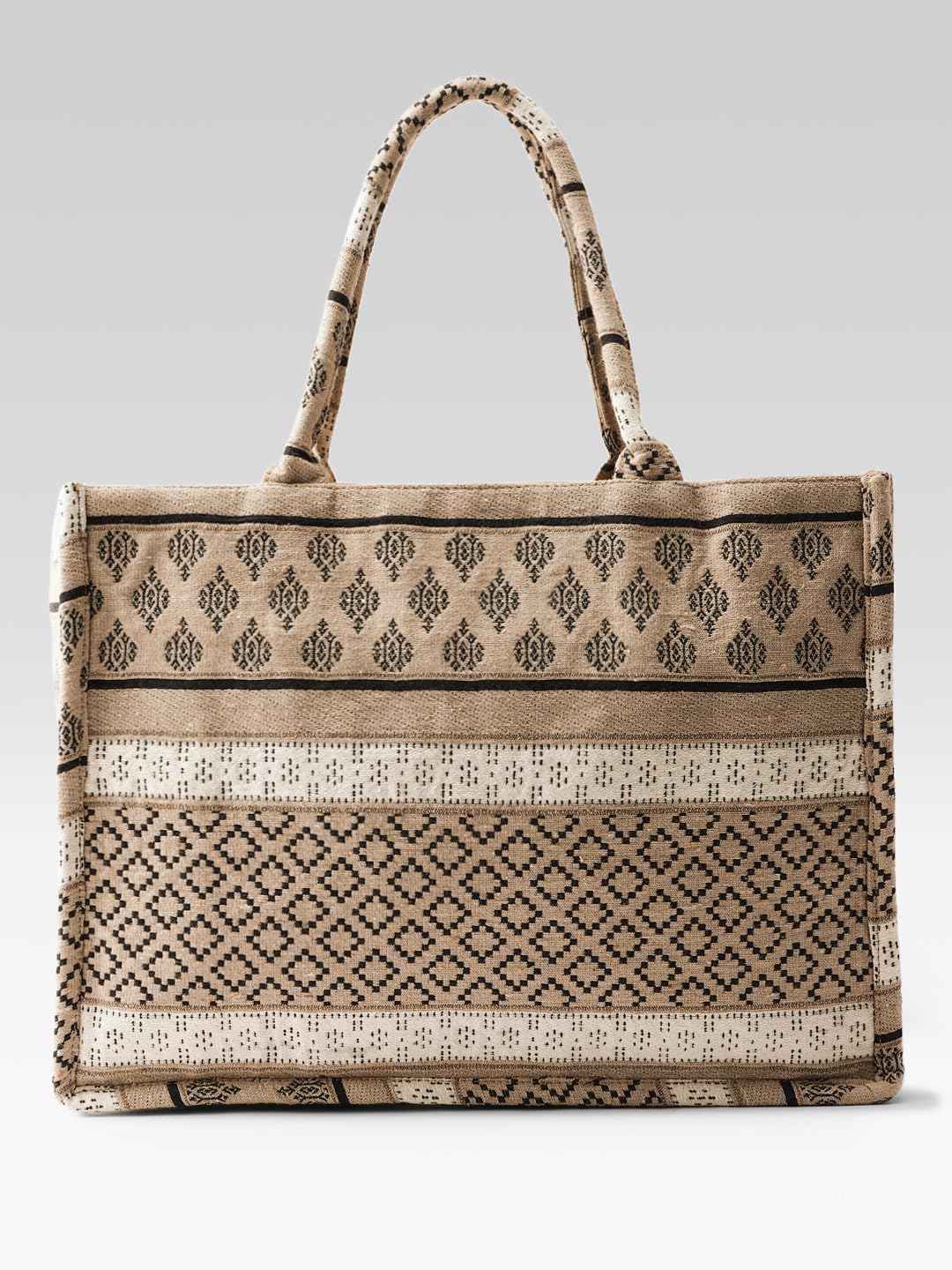 PRIMROSE Boho Canvas Tote Bag, Geometric Pattern, Beige and Black, Large Casual Shopping Handbag