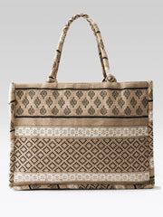 PRIMROSE Boho Canvas Tote Bag, Geometric Pattern, Beige and Black, Large Casual Shopping Handbag
