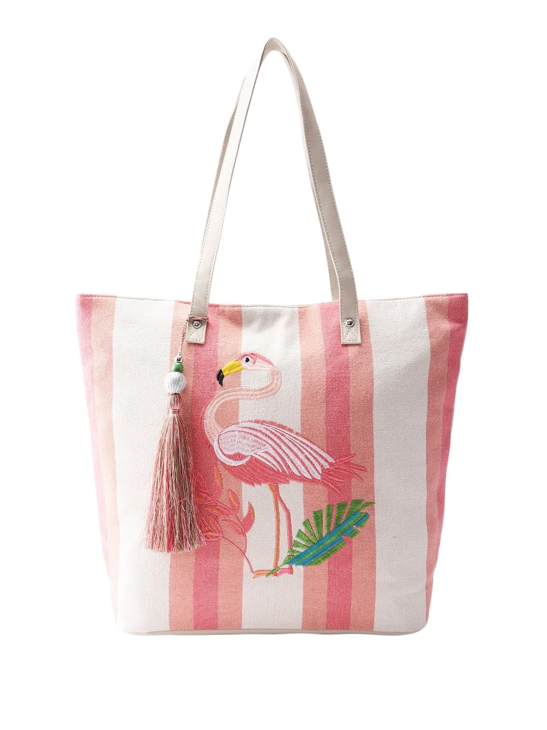 PRIMROSE Canvas Beach Tote Bag with Flamingo Design, Pink and White Stripes, Decorative Tassel