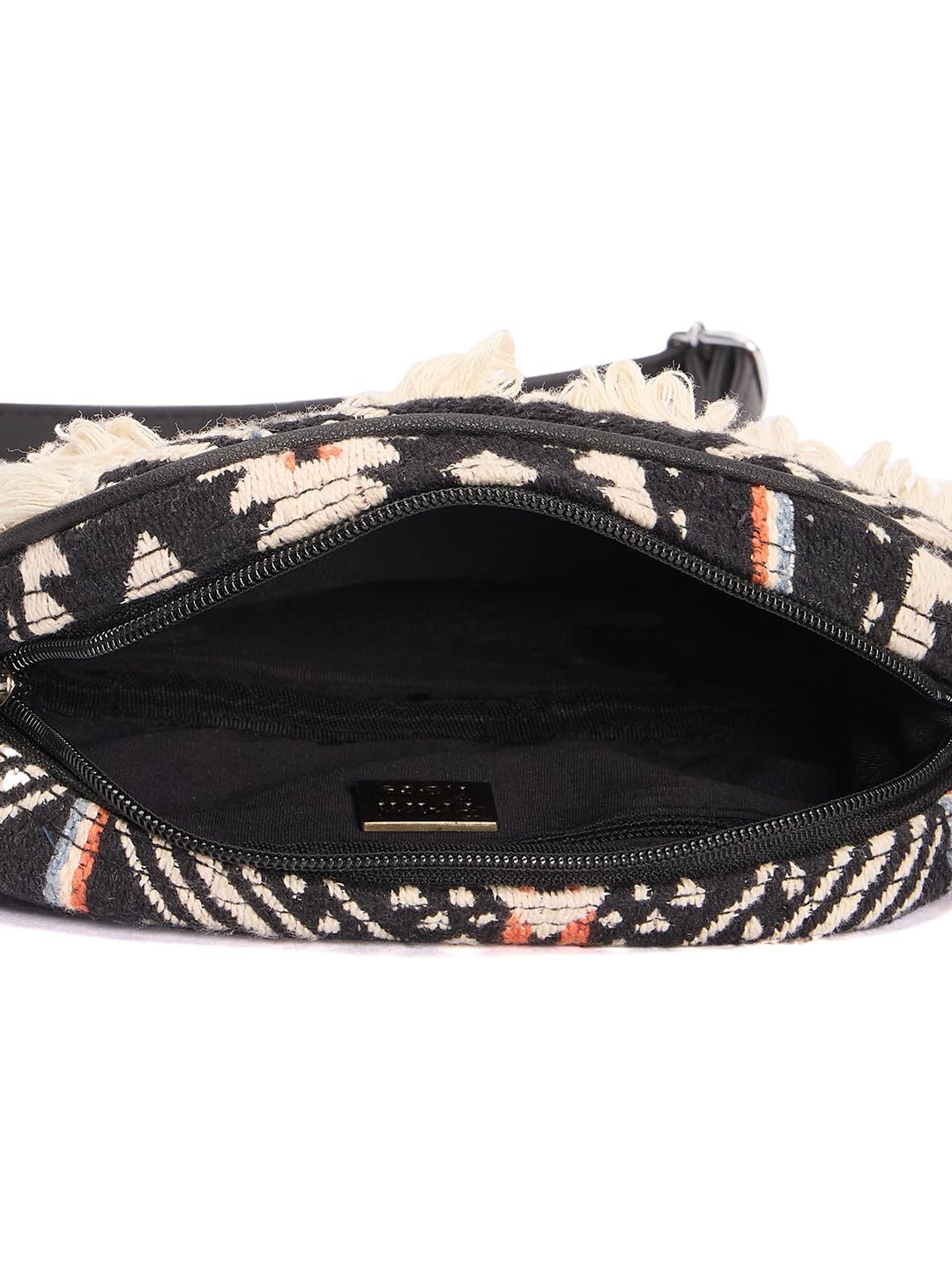 RIMROCK Boho Crossbody Bag, Aztec Pattern with Fringe Trim, Black and Beige, Mirror Embellishments