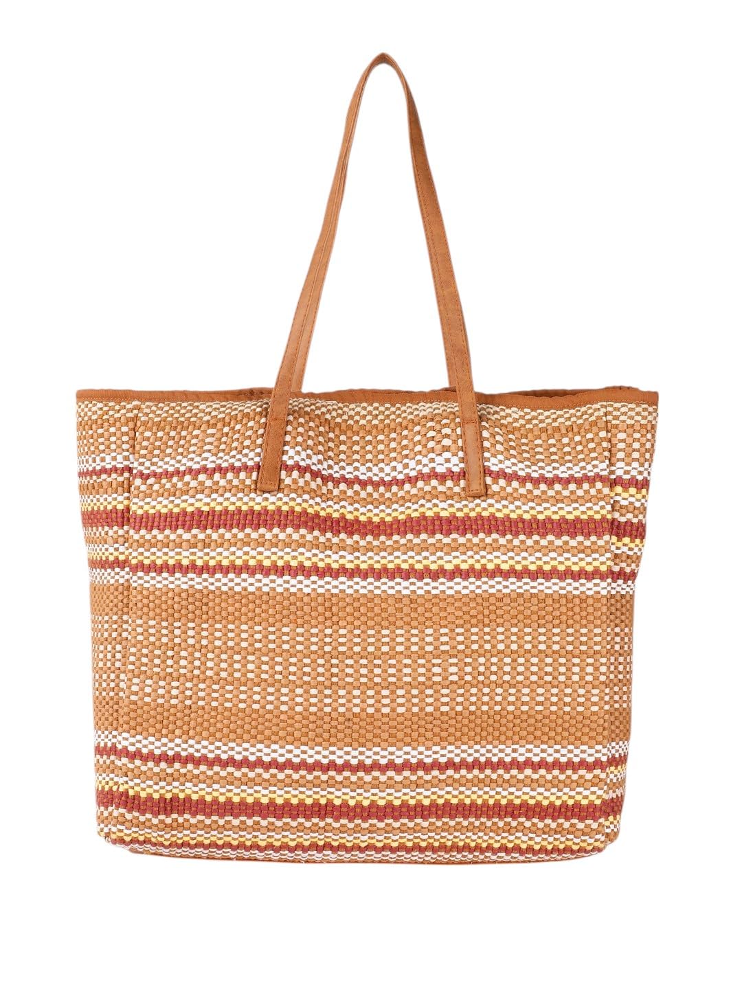 PRIMROSE Woven Straw Beach Tote Bag, Striped Pattern in Tan and Red, Large Casual Summer Handbag with Polyurethane Handles