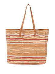 PRIMROSE Woven Straw Beach Tote Bag, Striped Pattern in Tan and Red, Large Casual Summer Handbag with Polyurethane Handles