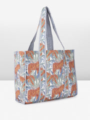 PRIMROSE Large Tropical Tiger Print Canvas Tote Bag, Blue and Orange Floral Pattern, Striped Trim