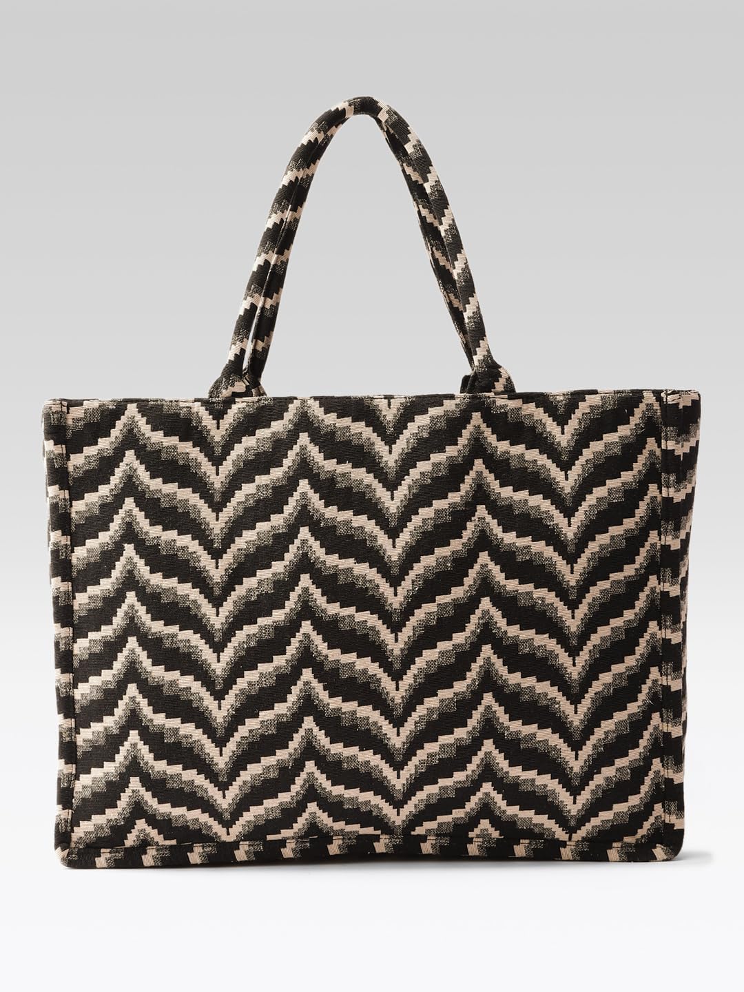 PRIMROSE Fashion Canvas Tote Bag, Black and Beige Chevron Pattern, Large Shoulder Handbag