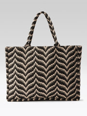 PRIMROSE Fashion Canvas Tote Bag, Black and Beige Chevron Pattern, Large Shoulder Handbag