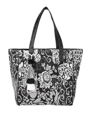 PRIMROSE Floral Print Tote Bag with Tassels, Black and White Pattern, Double Handles