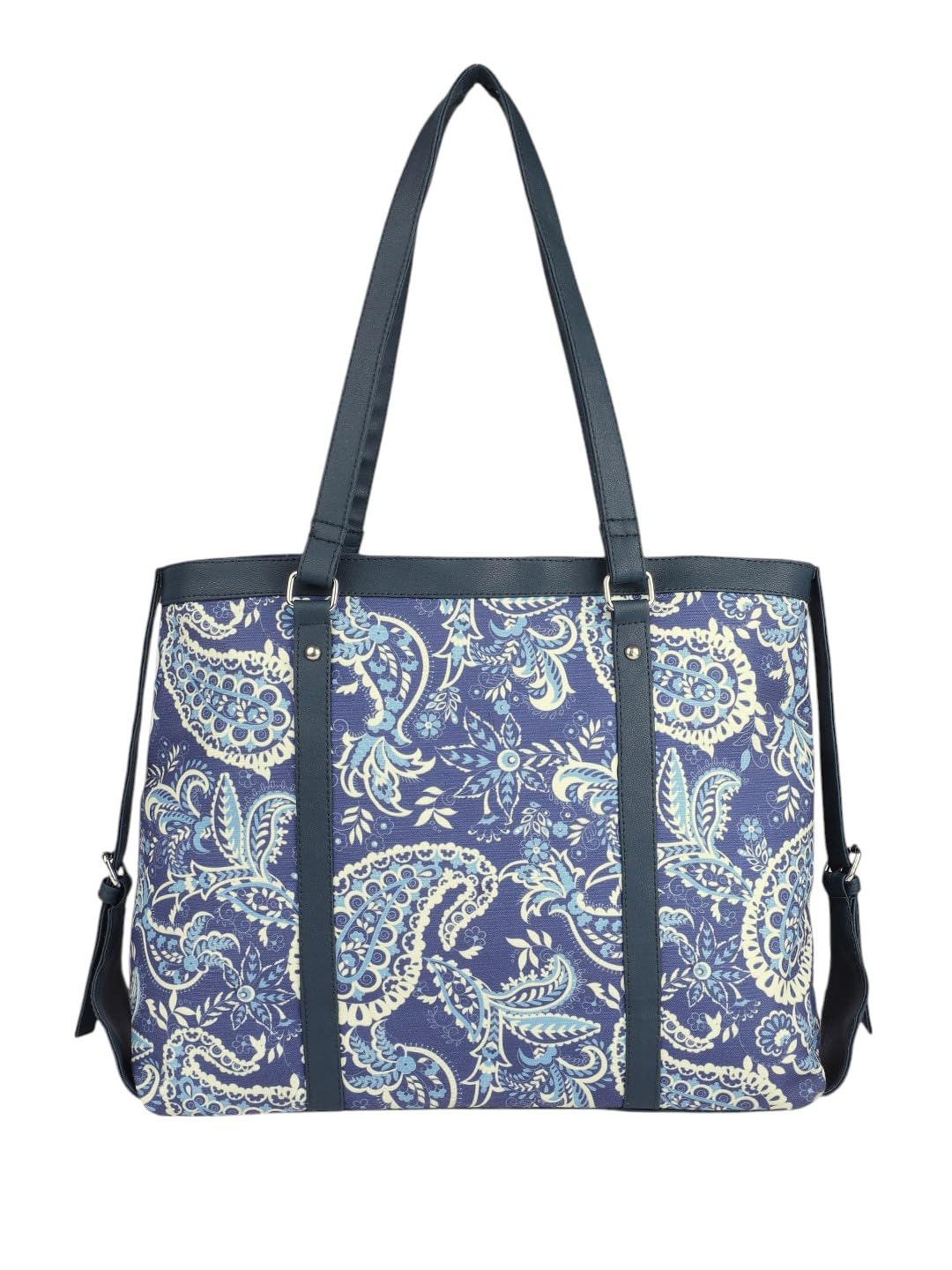 PRIMROSE Canvas Tote Bag with Paisley Print, Navy Blue and White Pattern, Dark Trim