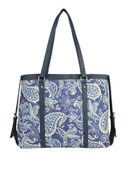 PRIMROSE Canvas Tote Bag with Paisley Print, Navy Blue and White Pattern, Dark Trim