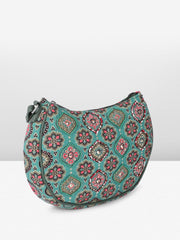 PRIMROSE Floral Pattern Crossbody Handbag, Turquoise with Pink Medallion Print, Adjustable Strap