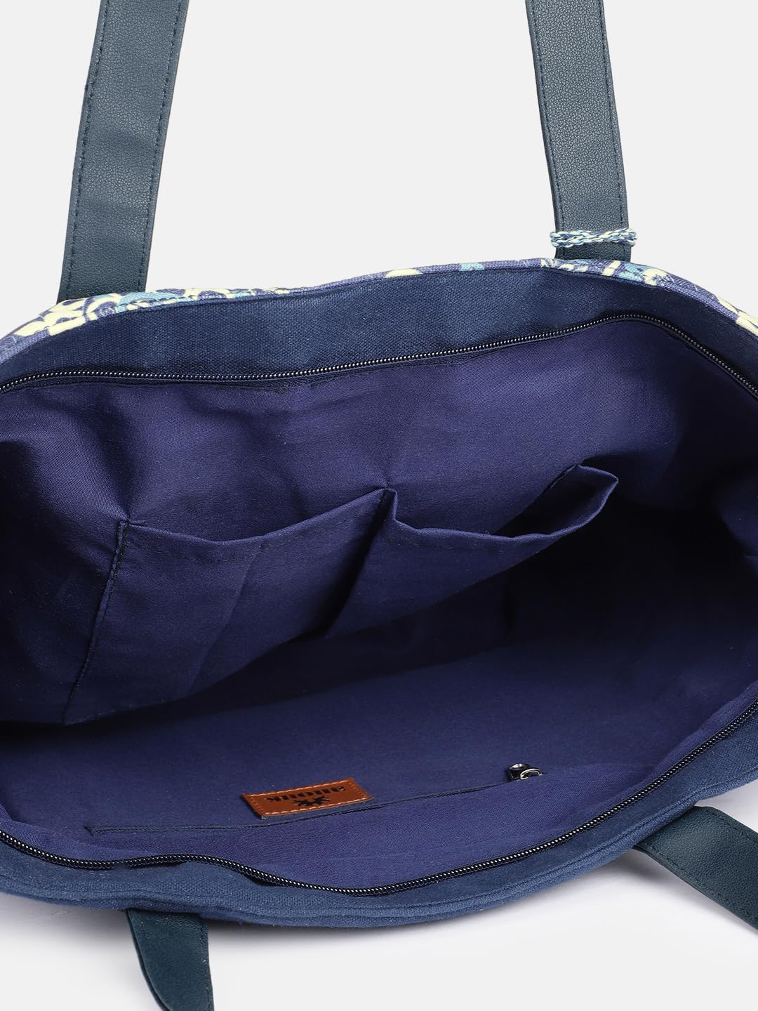 PRIMROSE Paisley Print Canvas Tote Bag with Tassel, Navy Blue and White Pattern, Large Shoulder Straps