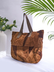 RIMROCK Patchwork Suede Tote Bag, Brown with Canvas Straps, Large Casual Shopper