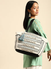 PRIMROSE Woven Beach Tote Bag with Tassel, Black and White Striped Pattern, Turquoise Accent
