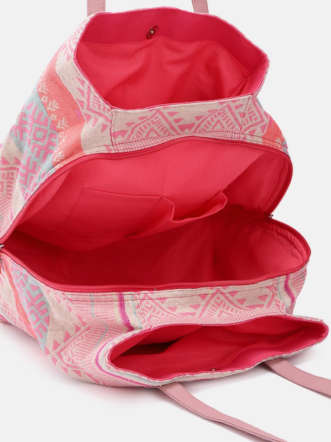 PRIMROSE Boho Beach Tote Bag, Pink Geometric Pattern with Mirror Embellishments, Tassel Charm