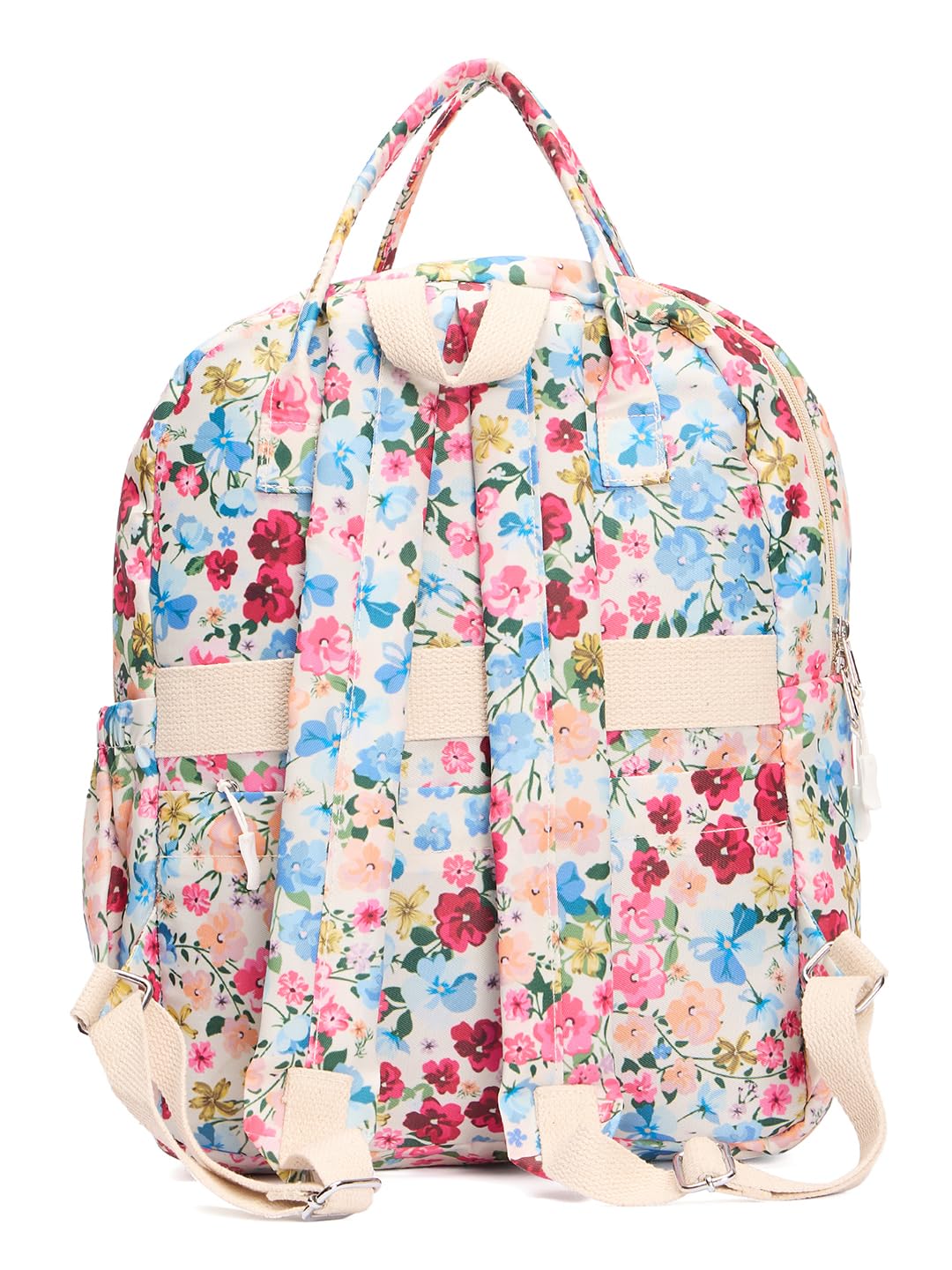 RIMROCK Floral Print Backpack, Multi-Pocket Design, Pink Blue Yellow Pattern, White Base