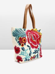 PRIMROSE Floral Embroidered Canvas Tote Bag with PU Handles, Beige