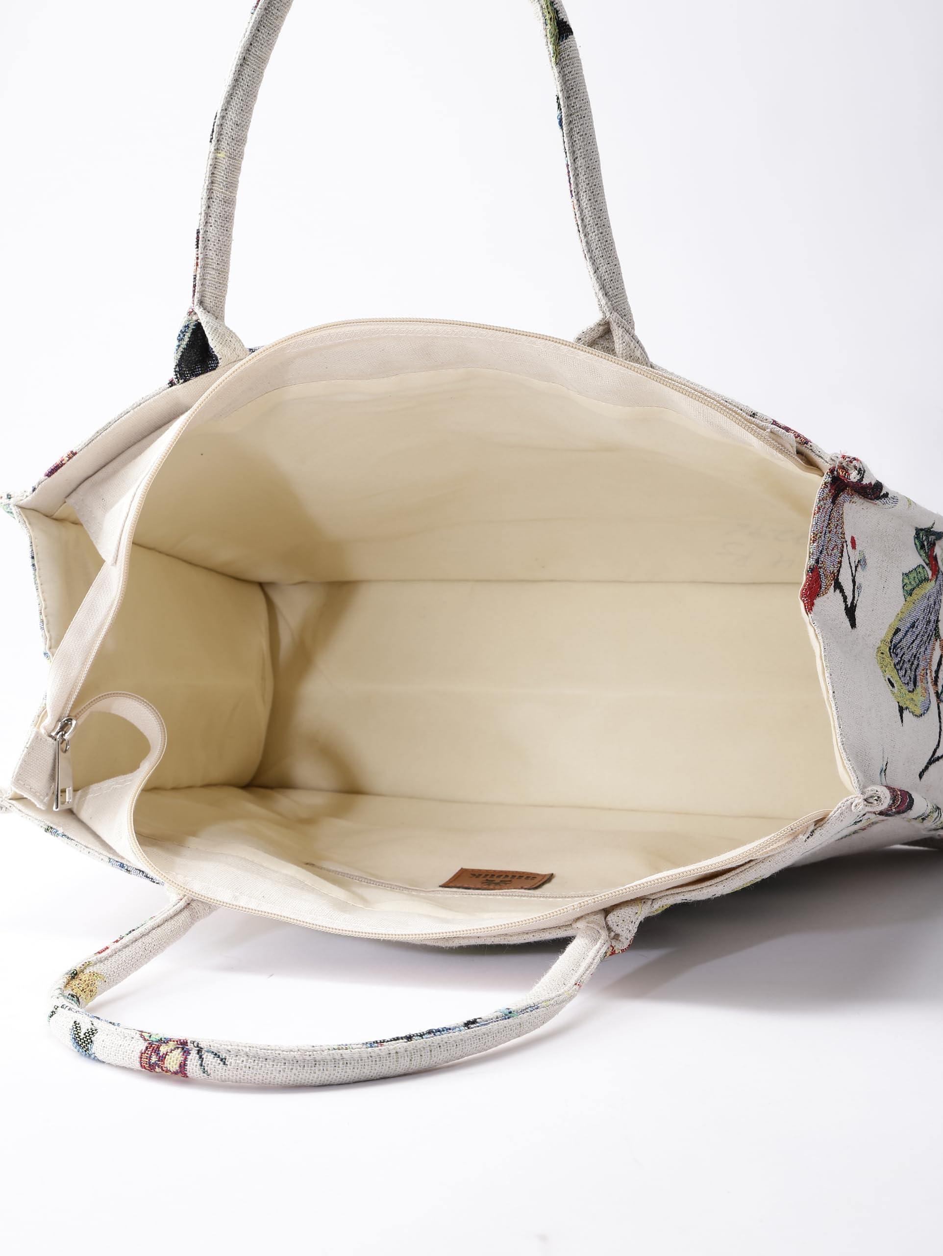 PRIMROSE Decorative Canvas Tote Bag with Birds and Butterflies Print, White Background