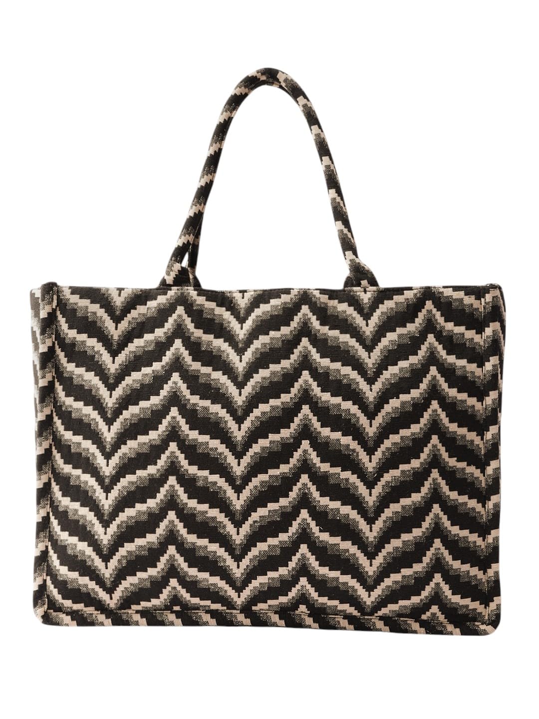 PRIMROSE Fashion Canvas Tote Bag, Black and Beige Chevron Pattern, Large Shoulder Handbag