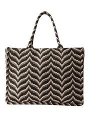 PRIMROSE Fashion Canvas Tote Bag, Black and Beige Chevron Pattern, Large Shoulder Handbag