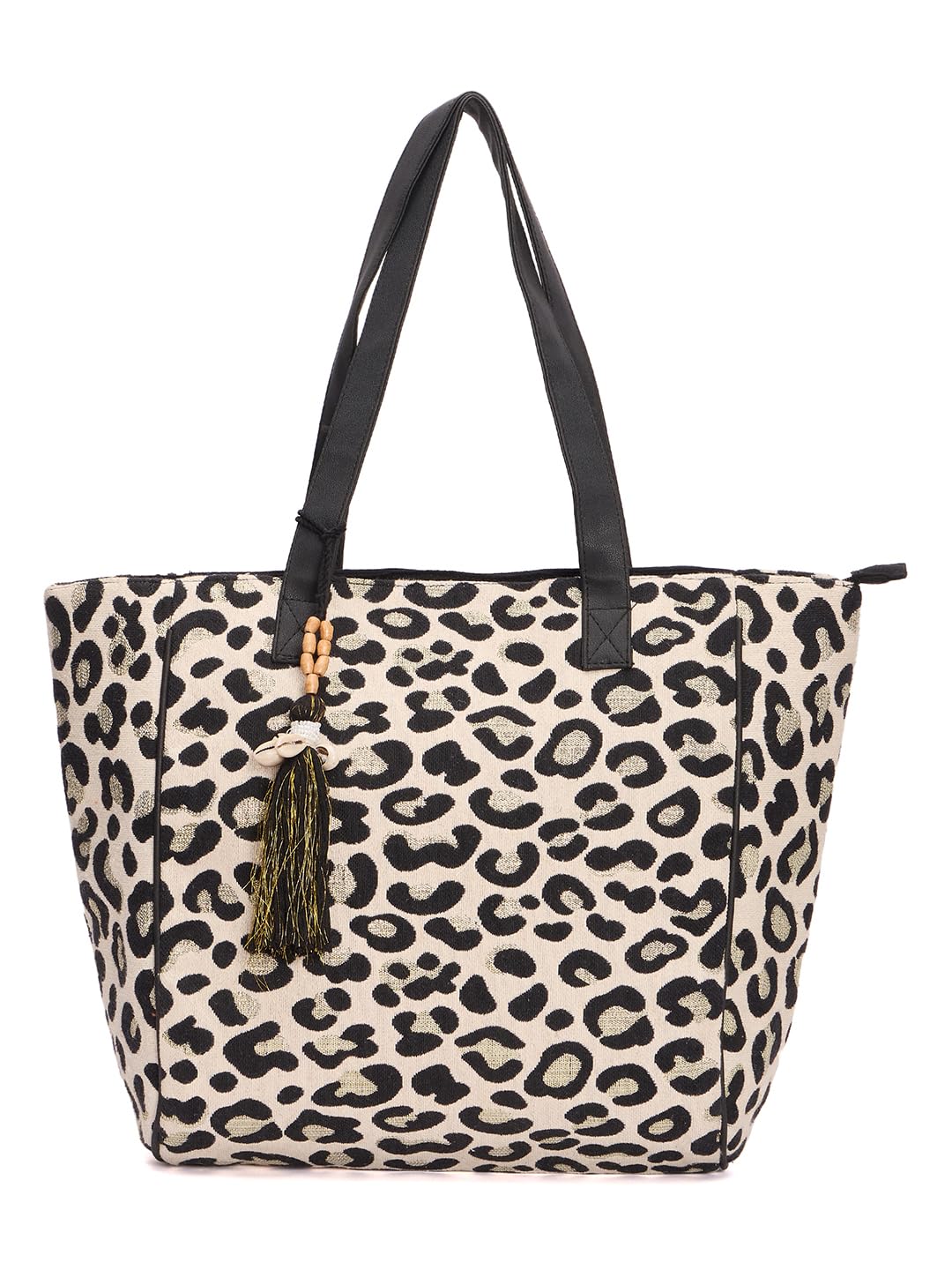 RIMROCK Leopard Print Canvas Tote Bag with Tassel, Black and White, Large Shoulder Handbag