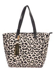 RIMROCK Leopard Print Canvas Tote Bag with Tassel, Black and White, Large Shoulder Handbag
