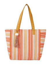 PRIMROSE Canvas Tote Bag, Orange and Yellow Striped Pattern, Decorative Tassel
