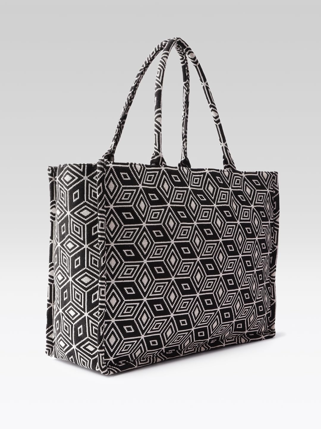 PRIMROSE Geometric Pattern Canvas Tote Bag, Black and White Design, Large Shoulder Handles