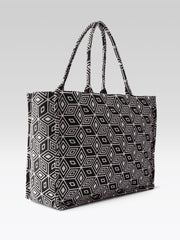 PRIMROSE Geometric Pattern Canvas Tote Bag, Black and White Design, Large Shoulder Handles