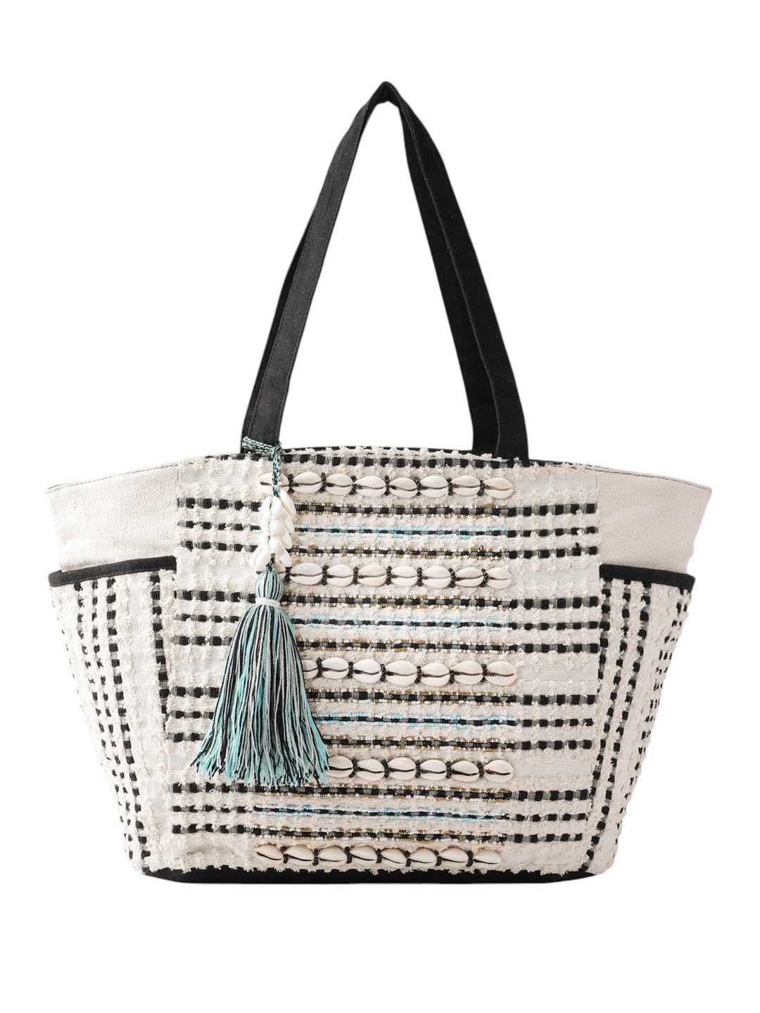 PRIMROSE Woven Beach Tote Bag with Tassel, Black and White Striped Pattern, Turquoise Accent