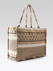 PRIMROSE Boho Canvas Tote Bag, Geometric Pattern, Beige and Black, Large Casual Shopping Handbag