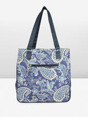 PRIMROSE Floral Paisley Print Tote Bag with Tassel, Navy Blue and White Pattern, Double Handles