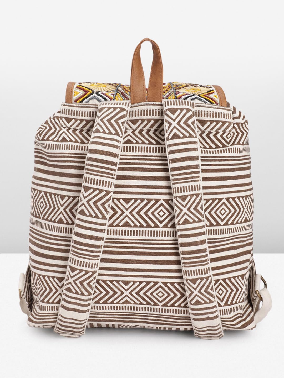 PRIMROSE Boho Canvas Backpack, Beaded Geometric Pattern, Brown and White Striped with Tassels