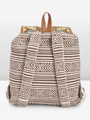 PRIMROSE Boho Canvas Backpack, Beaded Geometric Pattern, Brown and White Striped with Tassels