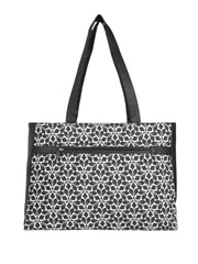 PRIMROSE Floral Pattern Tote Bag with Zip Pocket, Black and White Geometric Design, Large Shoulder Straps
