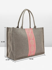 PRIMROSE Woven Tote Bag with Embroidered Pattern, Black and Pink
