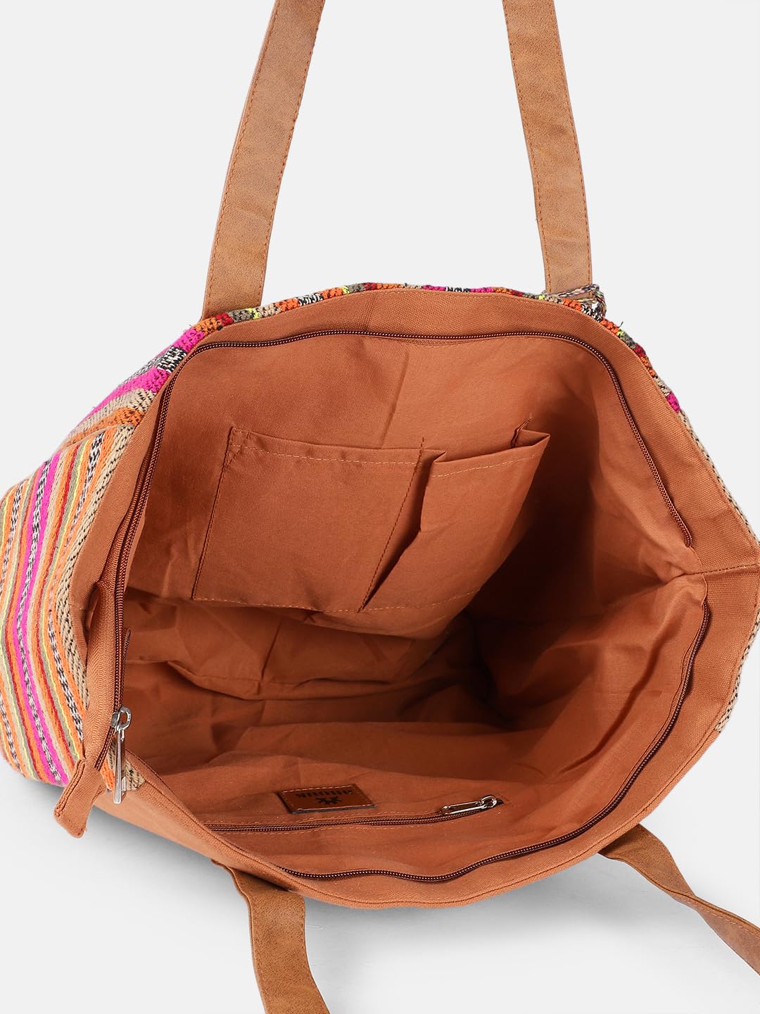 PRIMROSE Striped Woven Tote Bag with Tassel, Multicolour, Brown Handles