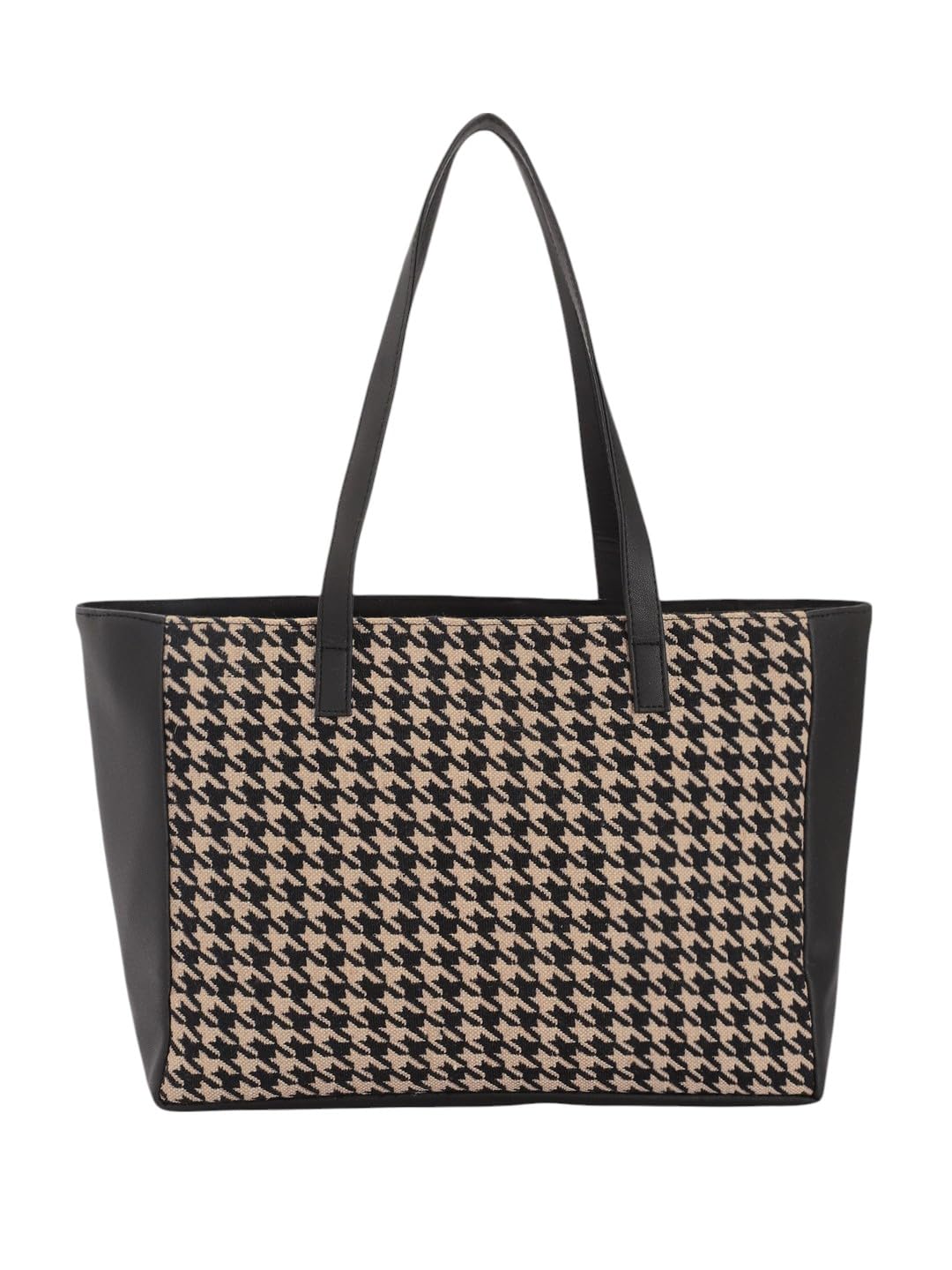 PRIMROSE Classic Houndstooth Pattern Tote Bag, Black and Beige, PU Leather Trim